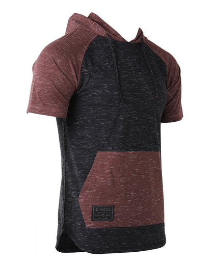 ZIMEGO Men's Short Sleeve Color Block Raglan Hoodie With Curved Hem - Black / Maroon-3