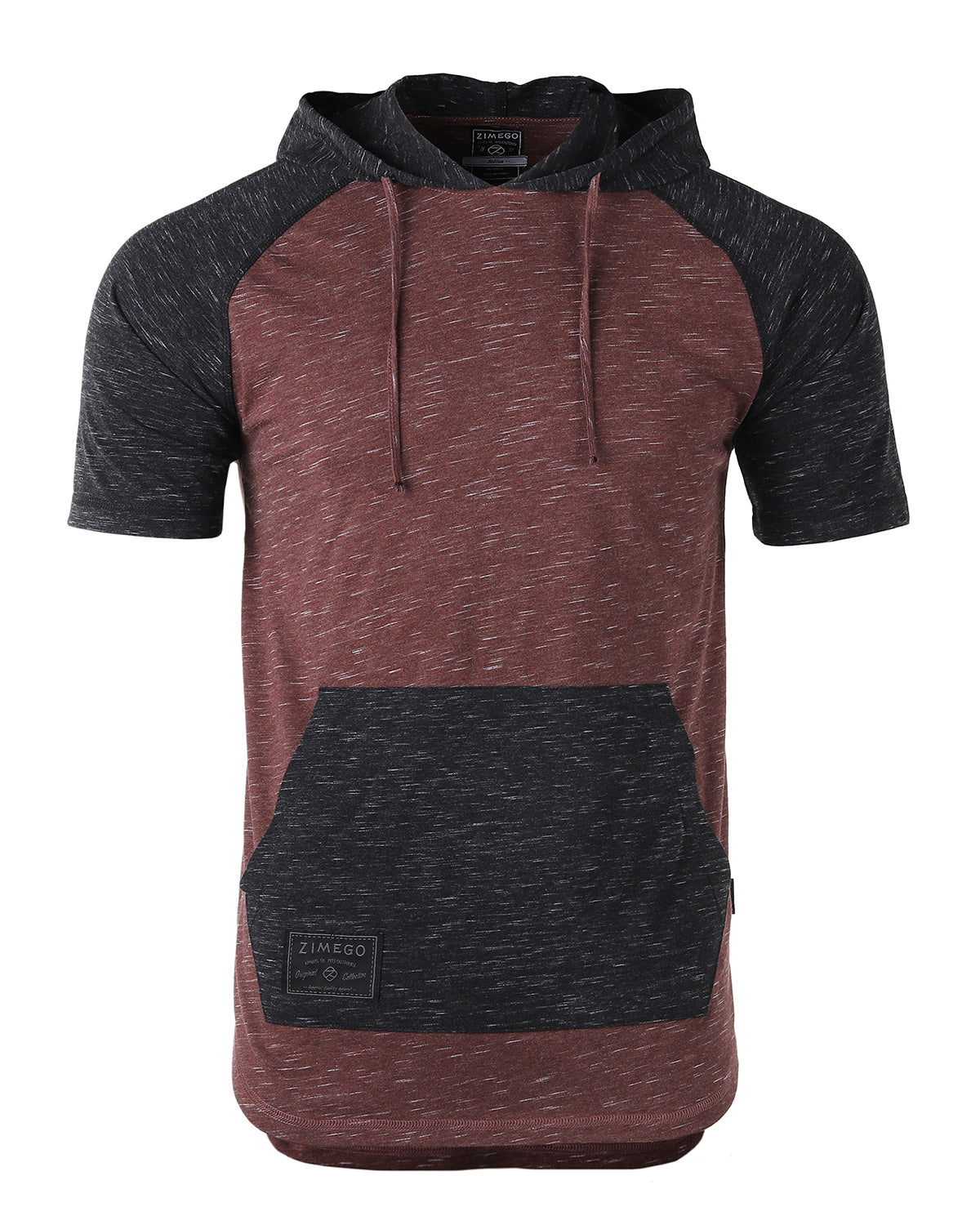 ZIMEGO Men's Short Sleeve Color Block Raglan Hoodie With Curved Hem - Black / Maroon-5