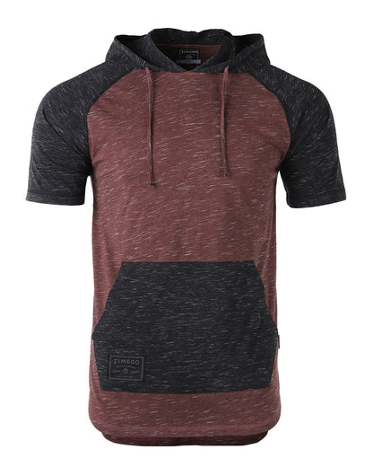 ZIMEGO Men's Short Sleeve Color Block Raglan Hoodie With Curved Hem - Black / Maroon-5