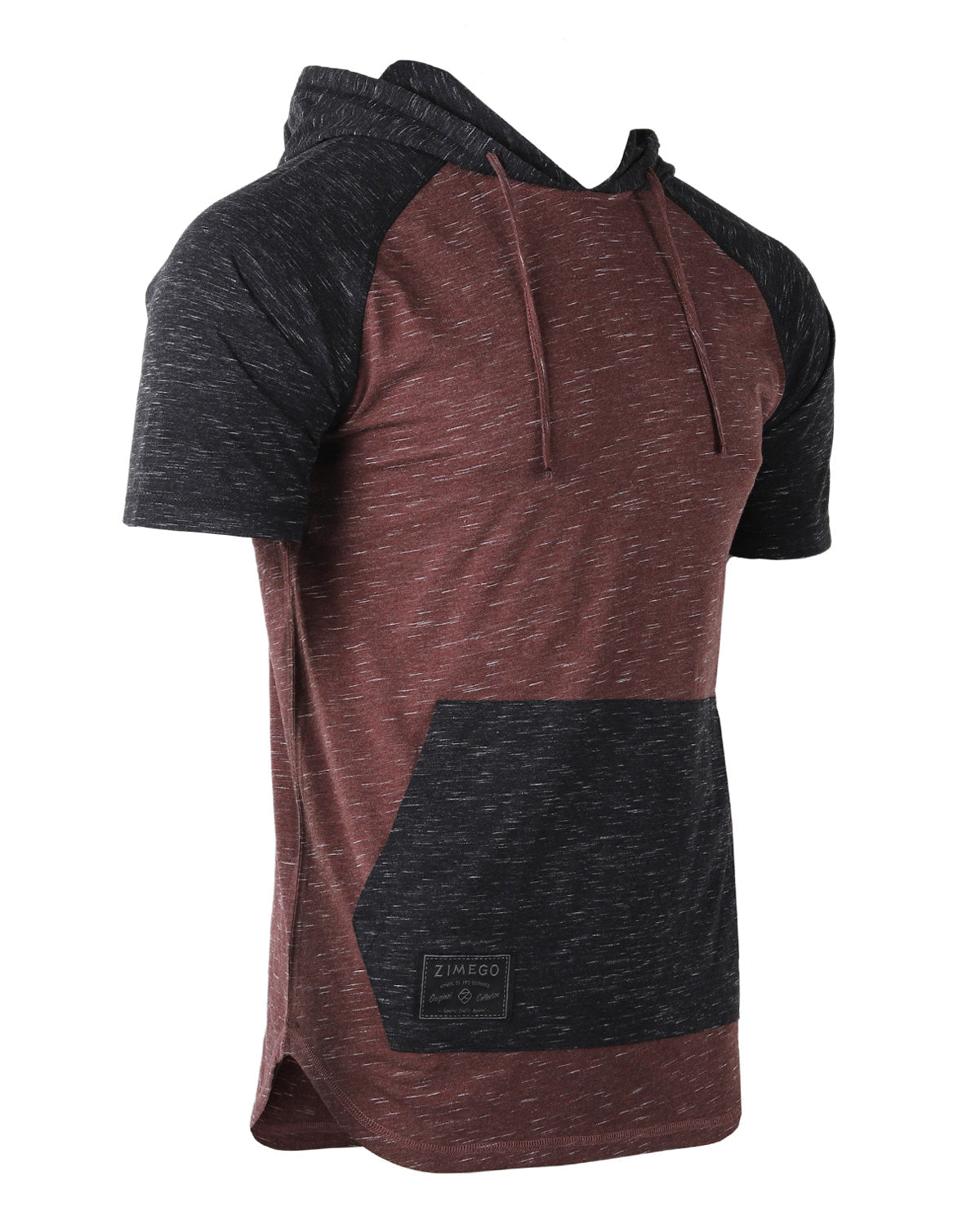 ZIMEGO Men's Short Sleeve Color Block Raglan Hoodie With Curved Hem - Black / Maroon-1