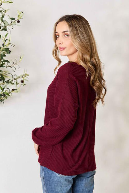 Zenana Buttoned V-Neck Long Sleeve Blouse-2