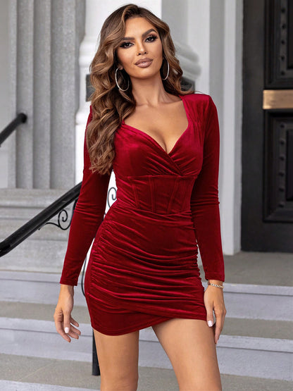 Long Sleeve Ruched Mini Dresses | The All Red Event