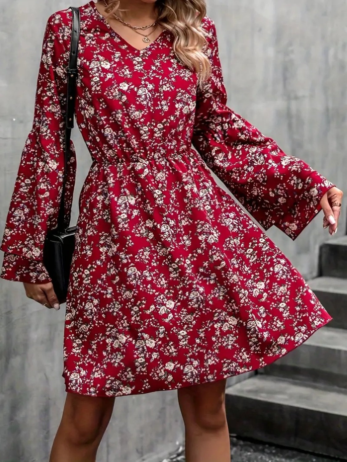 V Neck Mini Dress | Burgundy Printed Long Sleeve Dress