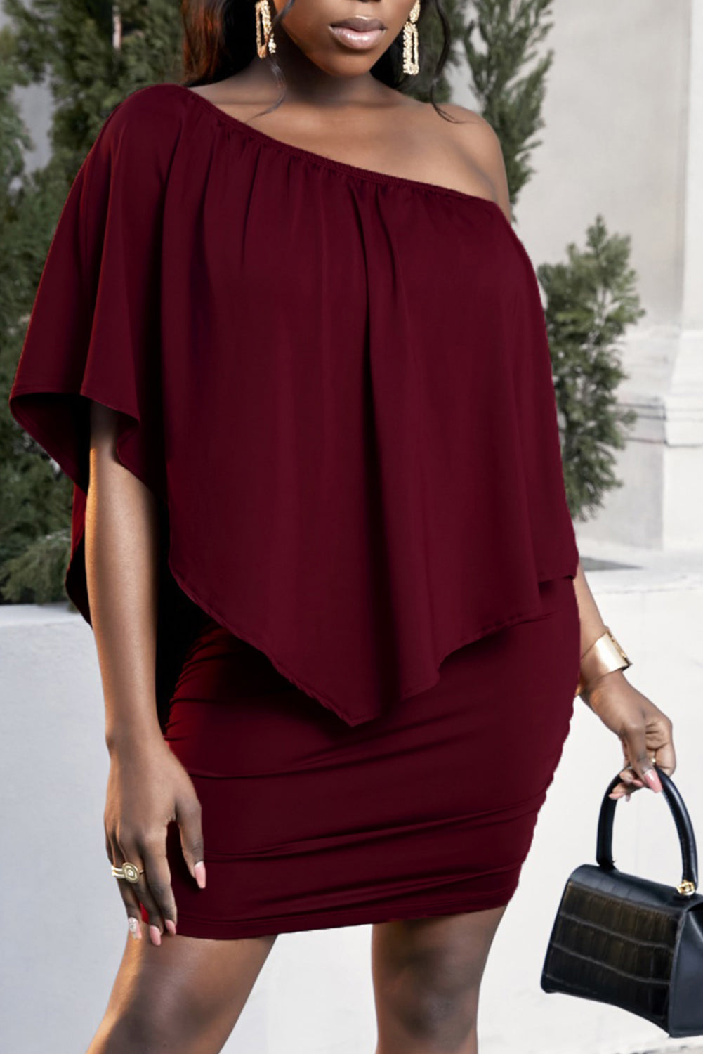 Plus Size One Shoulder Burgundy Dress