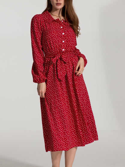 Red Balloon Sleeve Dress - Stylish Button-Up for Women