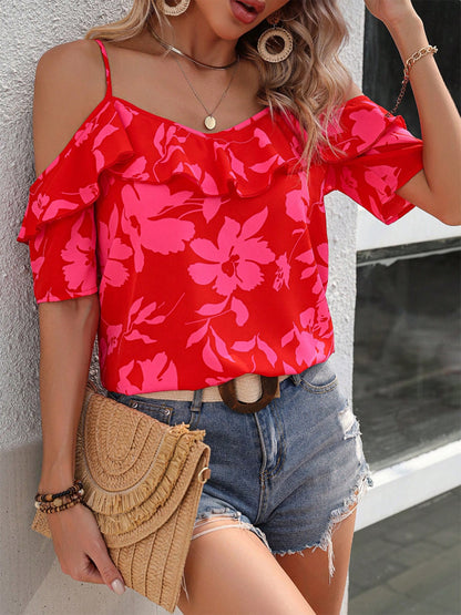 Ruffled Red Blouse & Printed Short Sleeve Top 