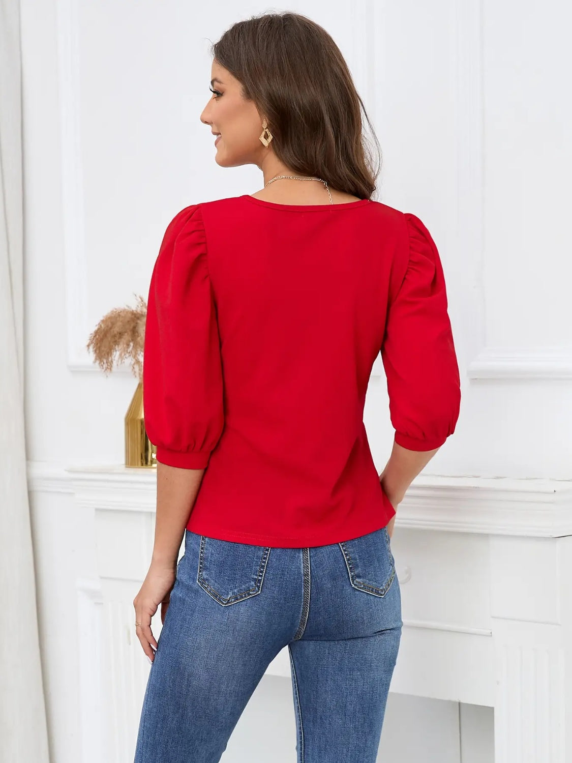 Red Square Neck Lantern Sleeve Blouse for Women