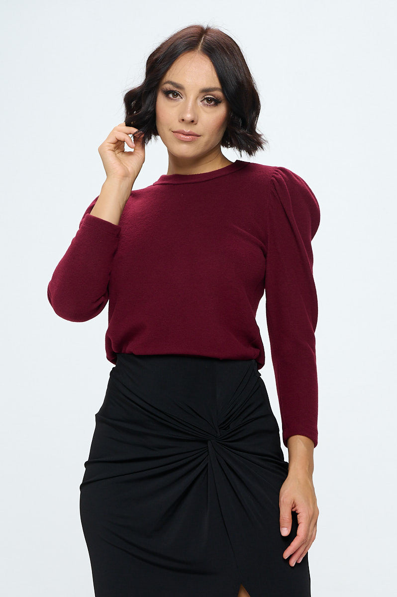 Burgundy Brushed Knit Top with Puff Sleeve