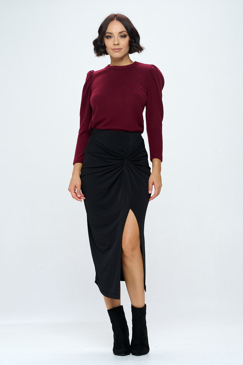 Burgundy Brushed Knit Top with Puff Sleeve for women