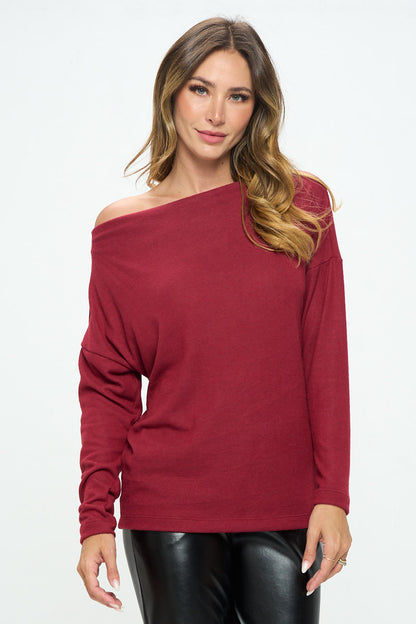 Burgundy Brushed Knit Off the Shoulder Top-1