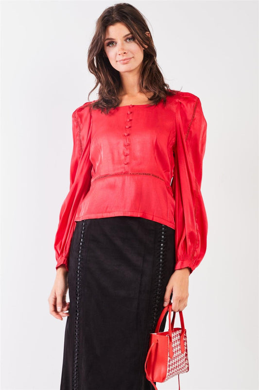 Red Glossy Chiffon Square Neck Long Bishop Sleeve Mock Button Down Top-0