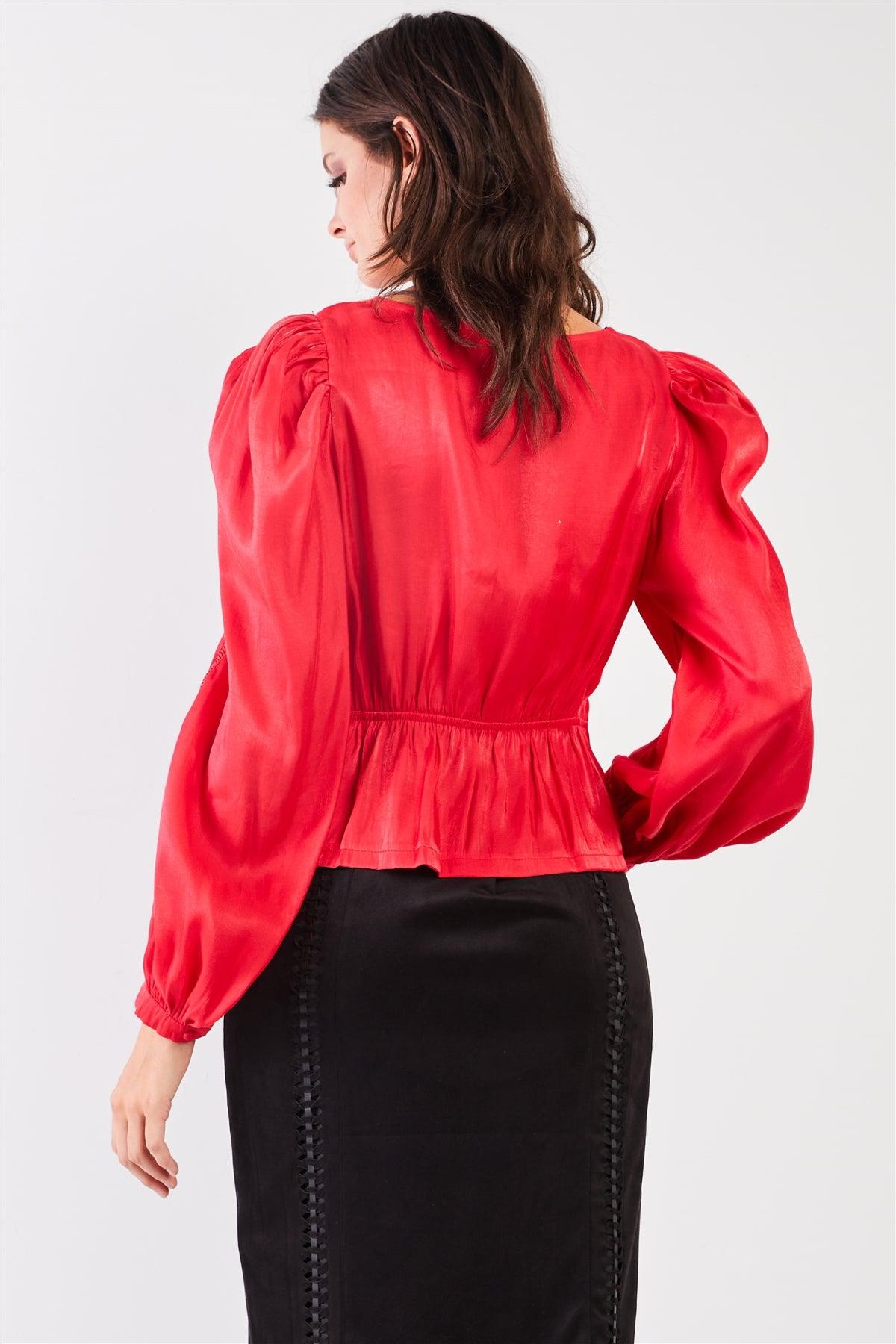 Red Glossy Chiffon Square Neck Long Bishop Sleeve Mock Button Down Top-2