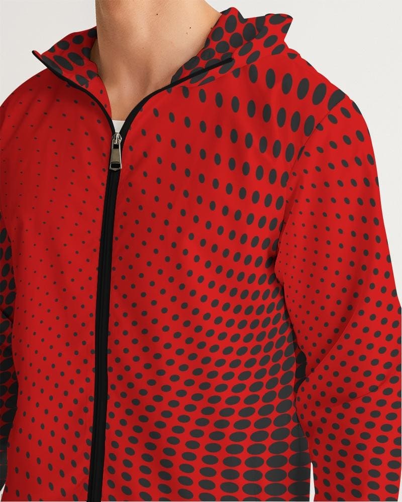 Mens Hooded Windbreaker, Red Polka Dot Water Resistant Jacket - Jjww0x-4