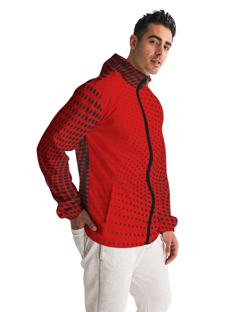 Mens Hooded Windbreaker, Red Polka Dot Water Resistant Jacket - Jjww0x-3