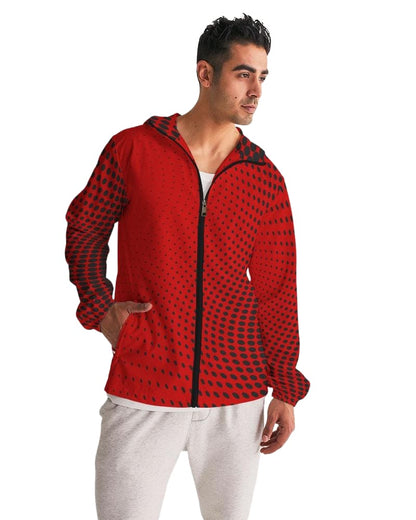 Men Hooded Windbreaker, Red Polka Dot Water Resistant Jacket