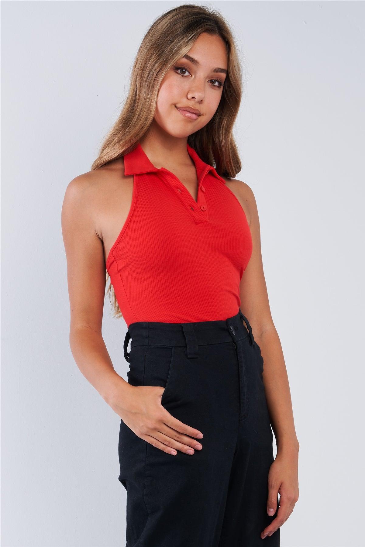 Red Collared Ribbed Button Up Sleeveless Halter Bodysuit-0