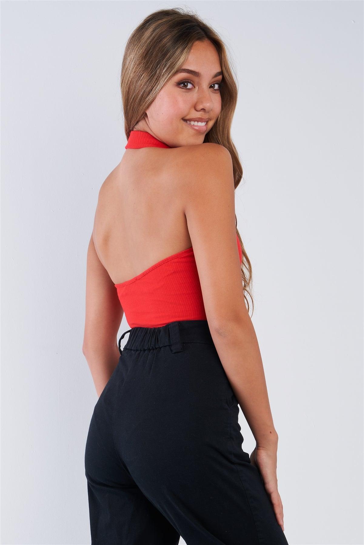 Red Collared Ribbed Button Up Sleeveless Halter Bodysuit-1