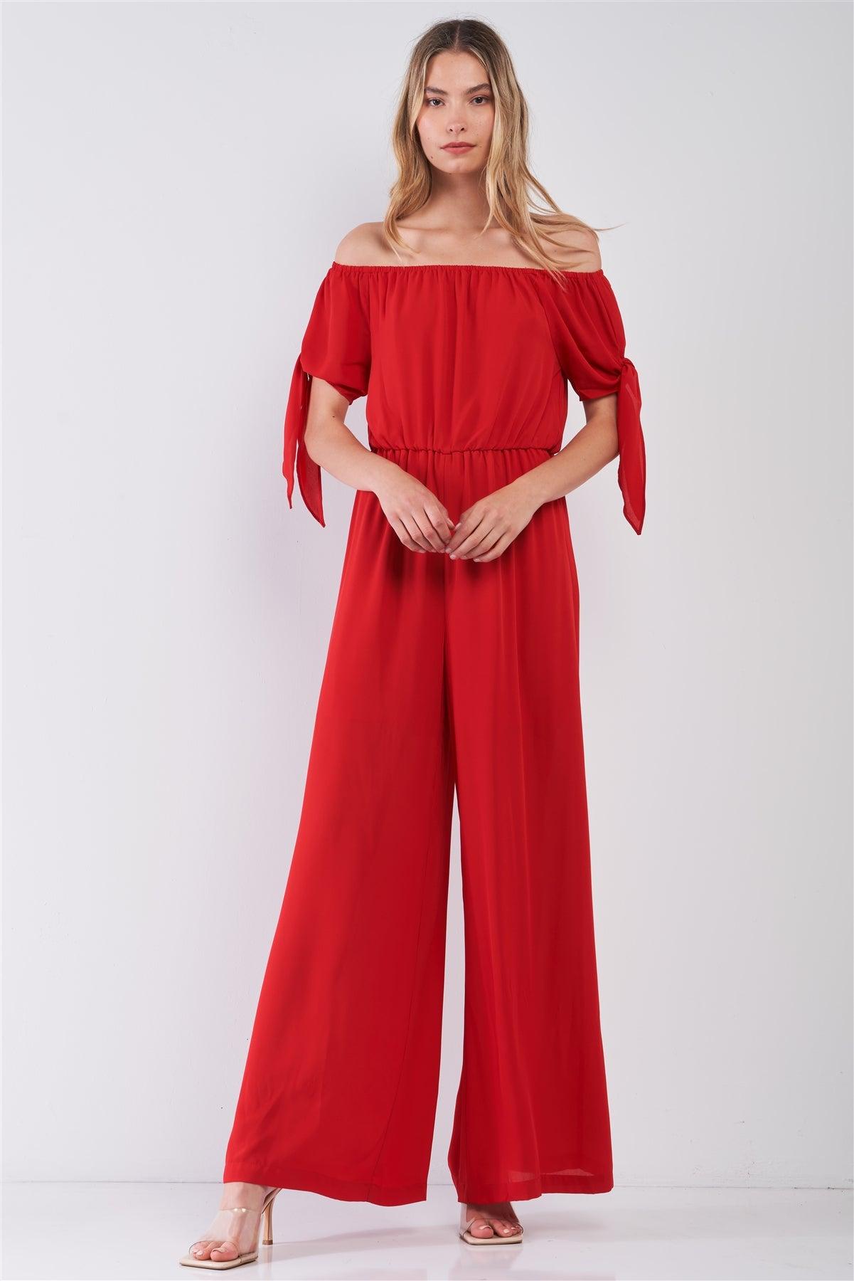 Red Off-The-Shoulder Wide Leg Jumpsuit-2