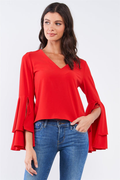 Crimson Frill Sleeve Bluebell Slit Draw String Tie Top-1