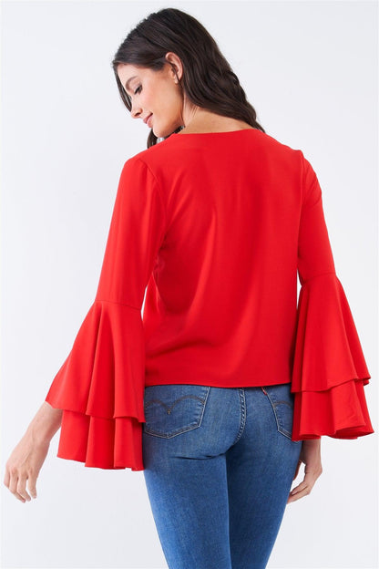 Crimson Frill Sleeve Bluebell Slit Draw String Tie Top-2