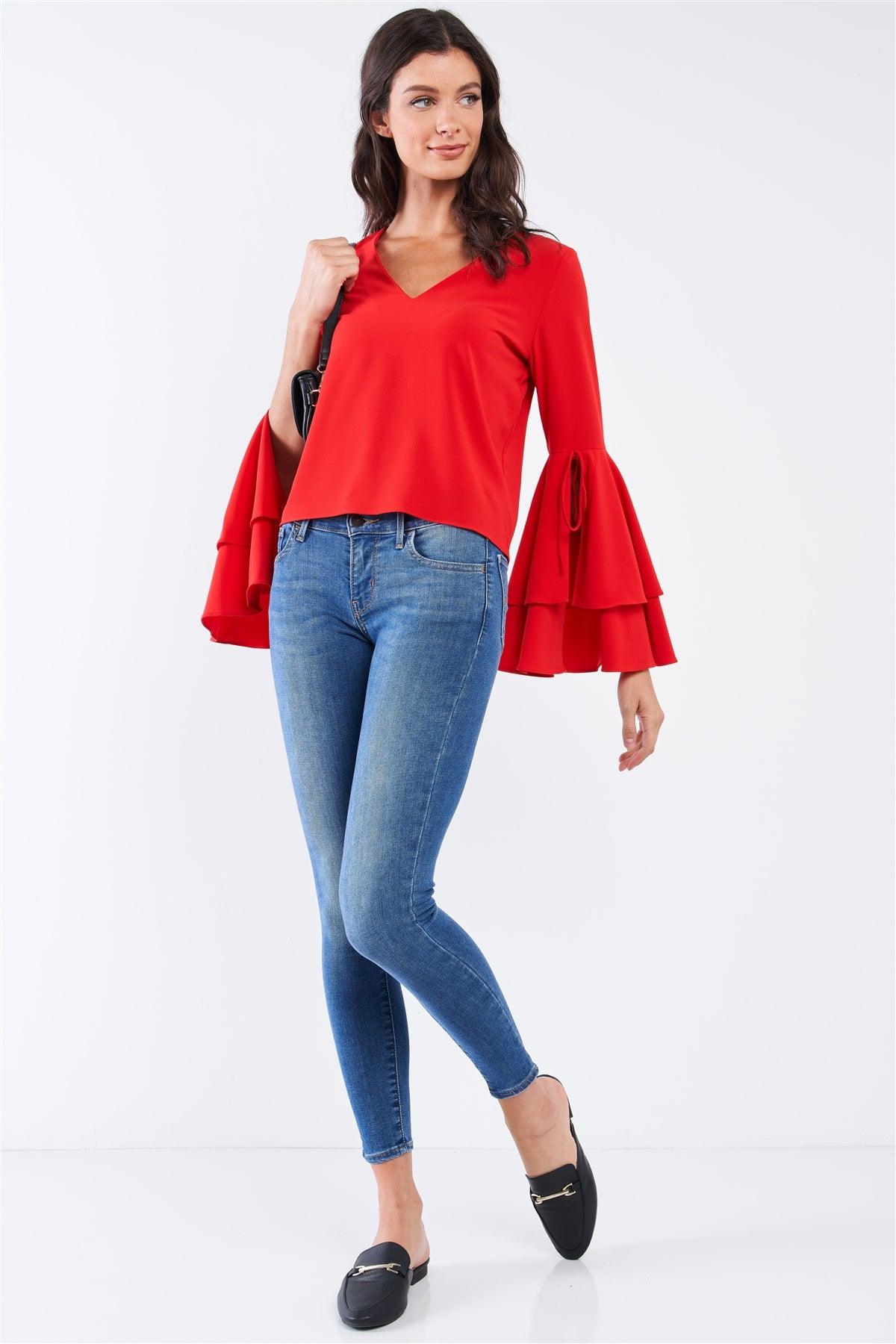 Crimson Frill Sleeve Bluebell Slit Draw String Tie Top-3