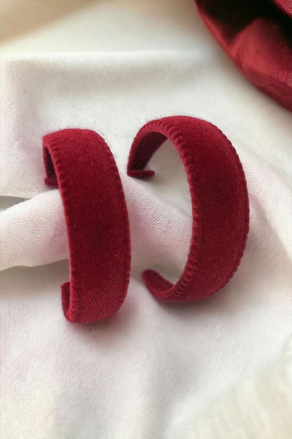 Burgundy Velvet Covered Flat Hoop Earrings