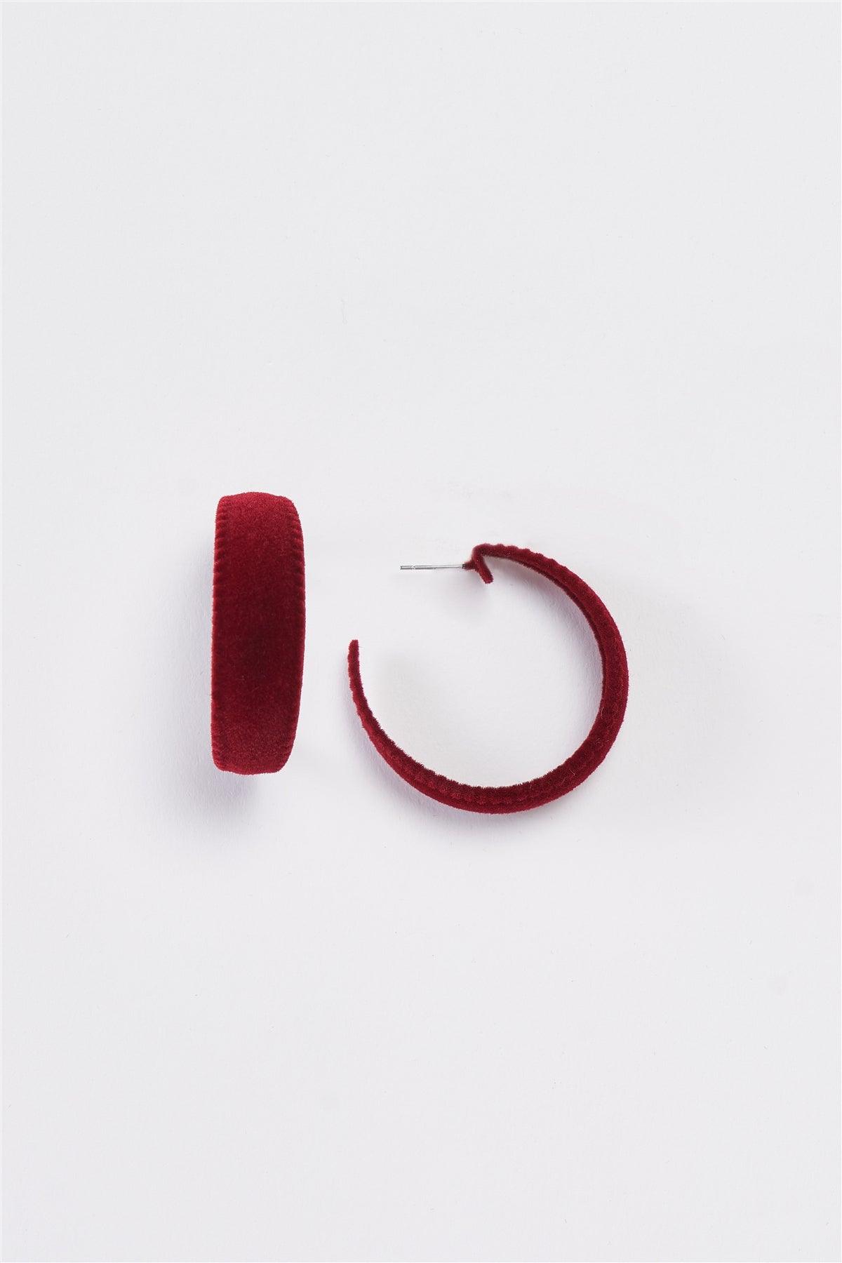 Burgundy Velvet Covered Flat Hoop Earrings-3